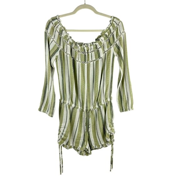 Roxy Stripe Romper Women Small Green White Shorts Off Shoulder Cotton Boho Surf - Picture 1 of 6